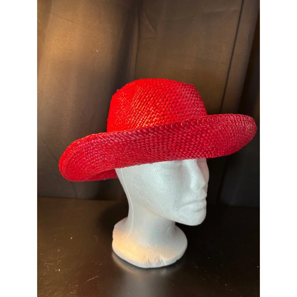 Red Straw Cowboy Hat‎ with Woven Band and Feather Accent Western Style Fedora